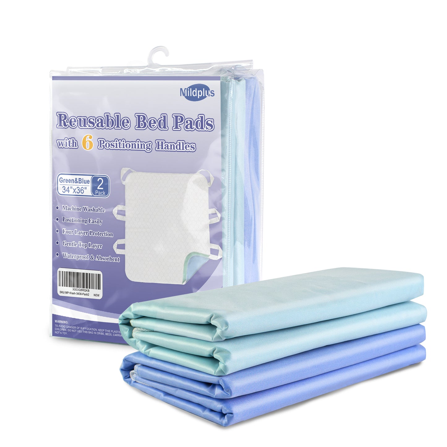 MILDPLUS Washable Bed Pads with 6 Sturdy Handles 34”×36” Extra Large Reusable Underpads 4-Layers Leakproof Chucks Pads Washable for Incontinence