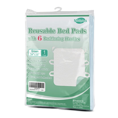 34”×36”MILDPLUS Washable Bed Pads with 6 Sturdy Handles Extra Large Reusable Underpads 4-Layers Leakproof Chucks Pads Washable for Incontinence