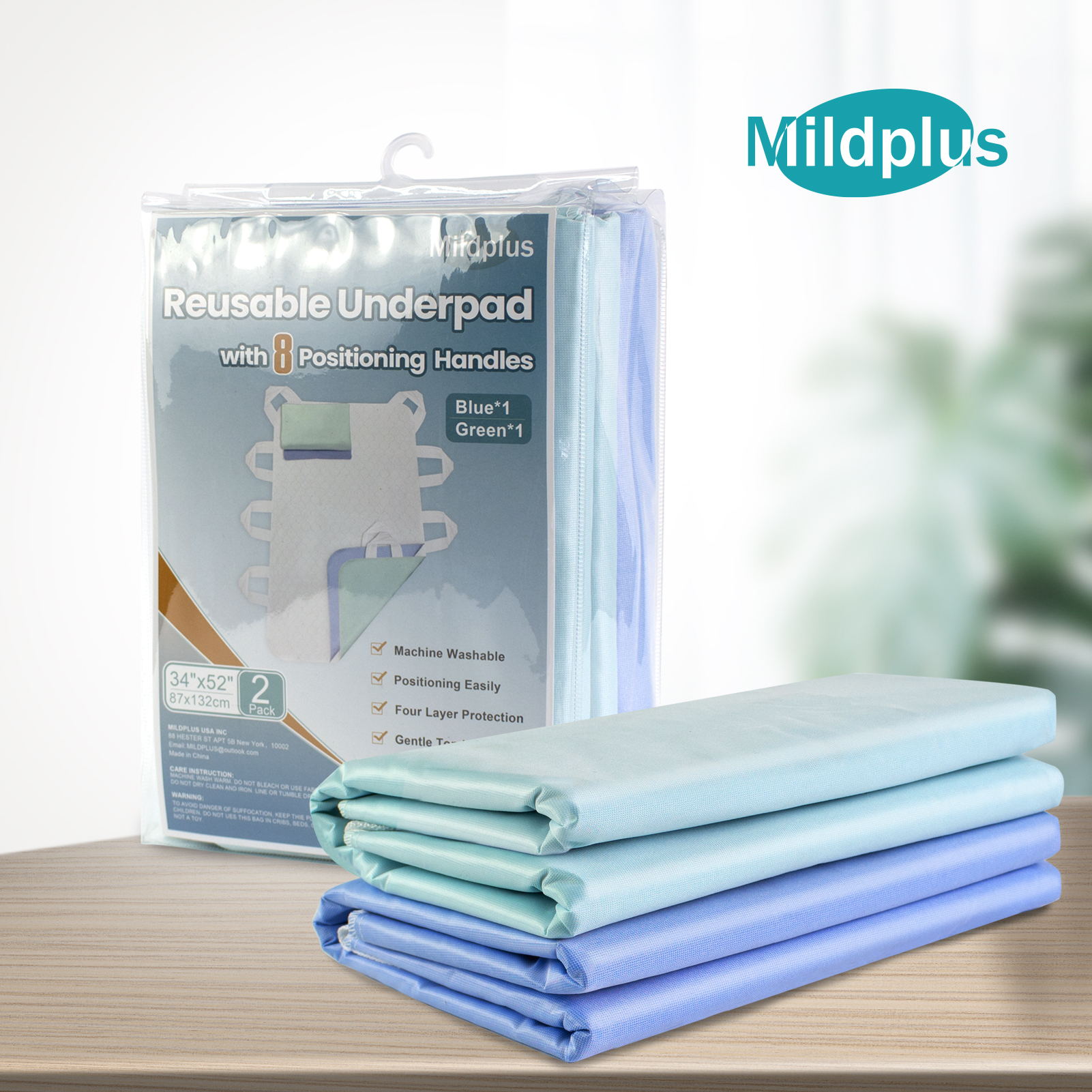 34”×52” MILDPLUS Washable Bed Pads with 8 Sturdy Handles Extra Large Reusable Underpads 4-Layers Leakproof Chucks Pads Washable for Incontinence