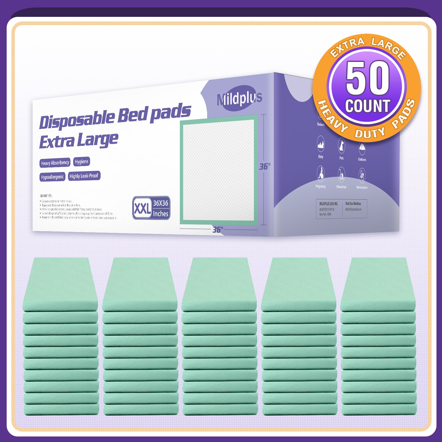 36'' X 36'' (50 Count)Disposable Bed Pads Heavy Duty Underpads Extra Large Incontinence Pads for Unisex Adult, Senior, Kids and Pet