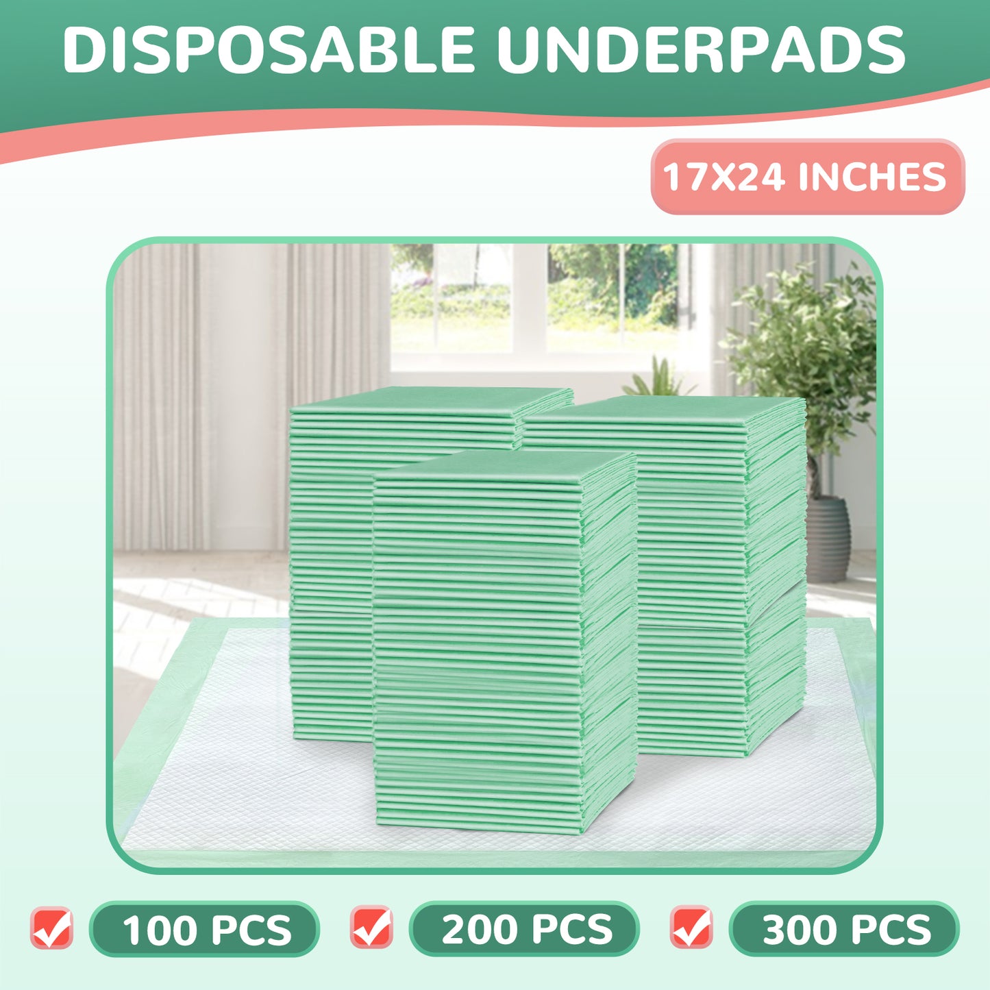 17"×24"(100-300 pcs)MILDPLUS Disposable Underpads Light Absorbent Bed Pads Small Chucks Pads for Kids, Puppy, Cat and Tioilet